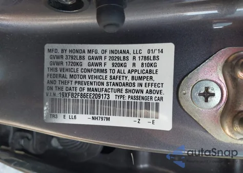 2014 Honda Civic Ex from USA, damaged, VIN 19XFB2F86EE209173